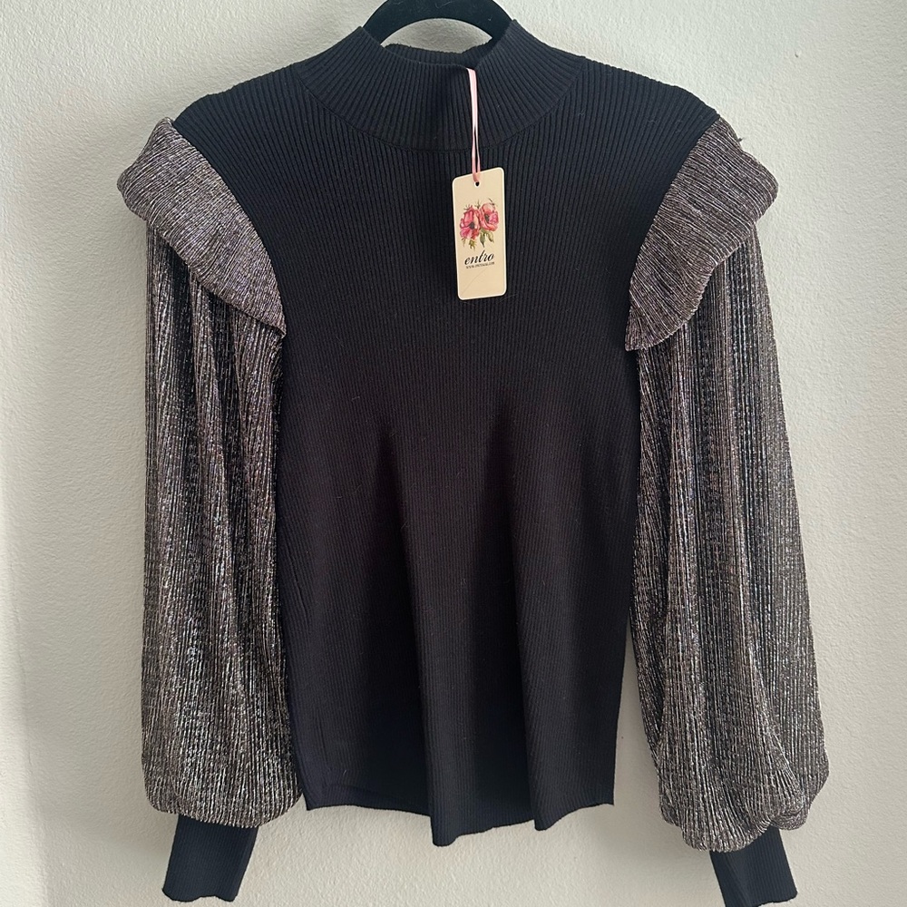 Entro Black Sweater with Black & Gold Puff Sleeves